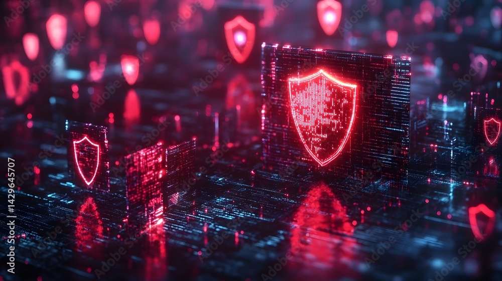 Aufkleber Abstract digital art depicting cybersecurity. Glowing red shields symbolize network protection and data security. Cybersecurity: Digital Shield Network Protection