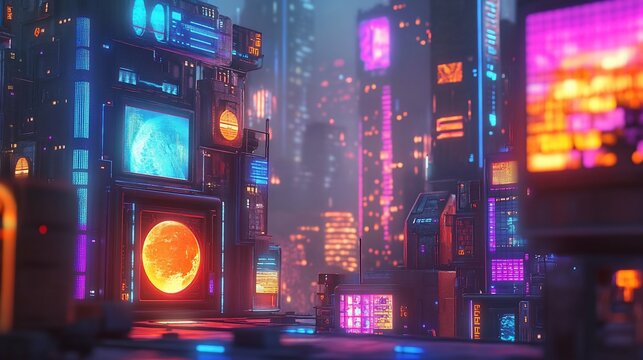 Neon Grid Cyberpunk Cityscape Analysis suitable for urban planning department reports and proposals