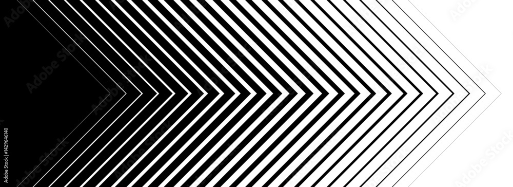 Poster Thin to thick line arrow background. Repeating triangle gradation pattern backdrop. Fading halftone stripe gradient texture. Black speed lines concept for overlay, print, cover, banner, poster. Vector