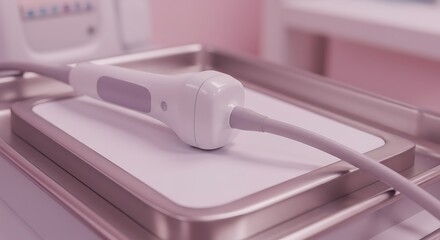 Ultrasound Probe Lying on Metal Tray in a Medical Setting