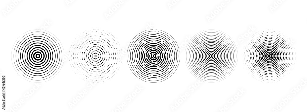 Poster Black concentric circle set. Dotted and dashed round sound wave collection. Epicenter, target, radar, sonar icon concept. Radial radio signal or vibration element pack. Vector linear halftone symbols