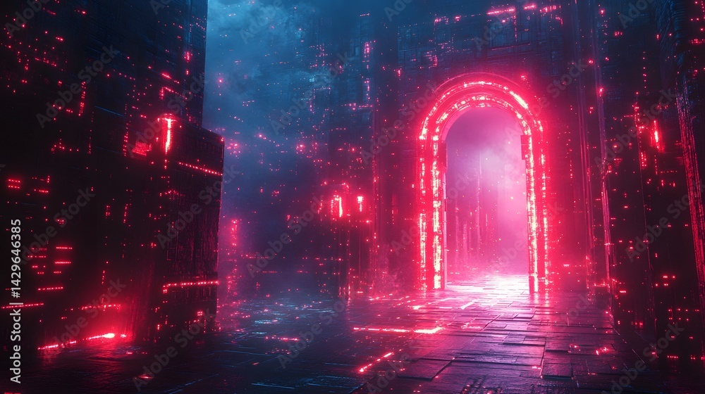 Poster A digital rendering of a neon-lit archway leading into a mysterious, futuristic city. The vibrant colors create an otherworldly atmosphere. Digital Secure networks Gateway