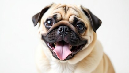 Playful pug looking at camera, white backdrop, puppy, fawn pug, pet portrait
