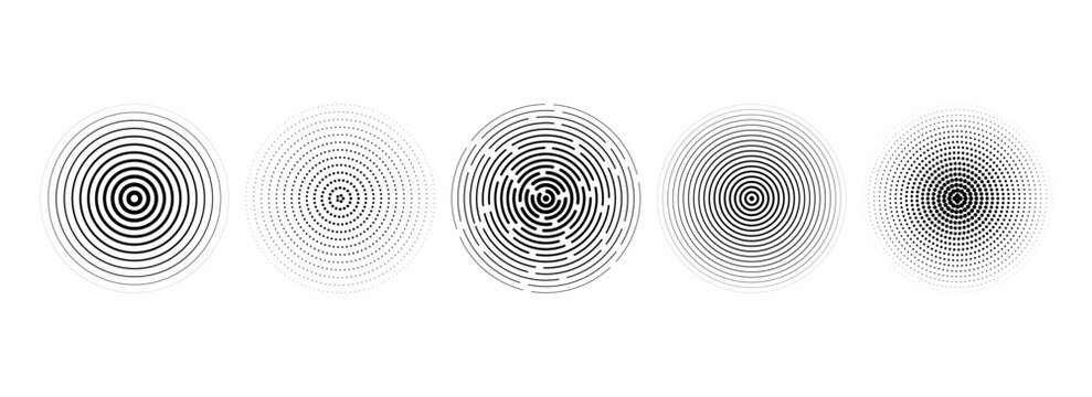 Black concentric circle set. Dotted and dashed round sound wave collection. Epicenter, target, radar, sonar icon concept. Radial radio signal or vibration element pack. Vector linear halftone symbols