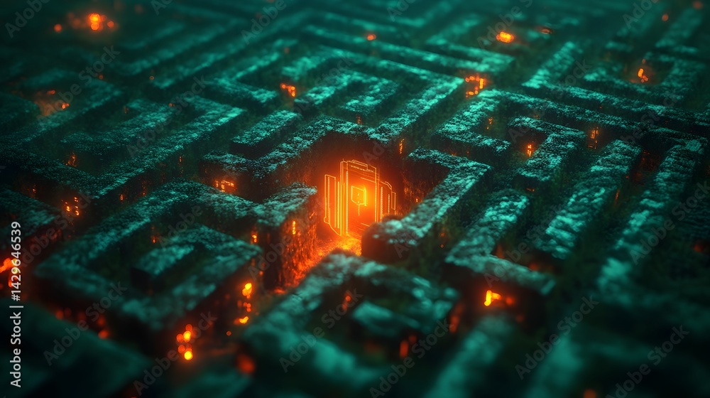 Poster A digital rendering of a glowing maze, intricate pathways and mysterious ambiance. Digital Secure networks Gateway Luminous Labyrinth: A Glowing Path Through an Ancient Maze