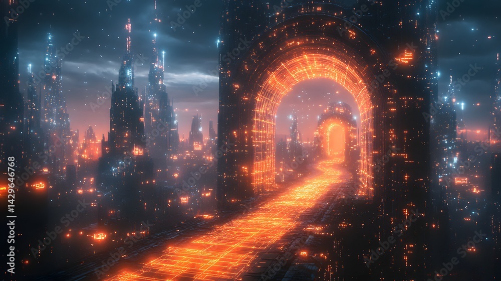 Poster A digital rendering of a futuristic city with a glowing gateway leading through a neon-lit path Digital Secure networks Gateway Futuristic Cityscape: Glowing Gateway to a Neon Metropolis
