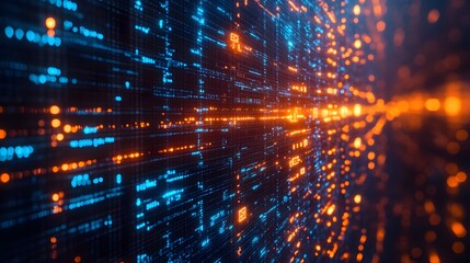 Obraz premium Abstract digital data stream, blue and orange hues. Visualizes binary code flow, representing boundless digital possibilities. Digital Abstract Data Stream secure transaction