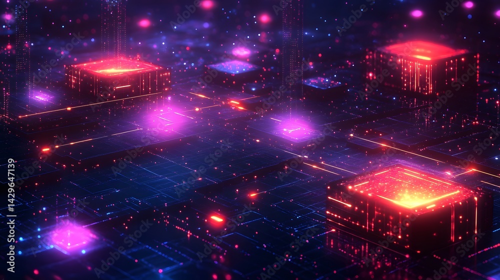 Fototapete A vibrant digital cityscape, glowing with neon lights and intricate circuits, showcasing futuristic technology and innovation. Digital Abstract Data Stream secure transaction