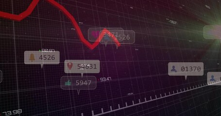 Red zigzag line chart being animated across dark grid, with speech bubbles and green triangles - Powered by Adobe