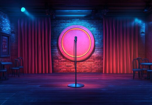 Empty comedy club stage, vibrant lighting (1)