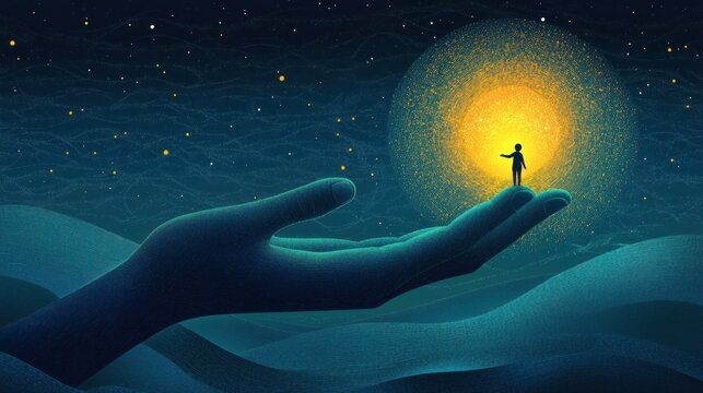 Imaginative figure interacting with bright light spots standing on giant hands shows the desire and meaningful journey of life in a fantasy world.
