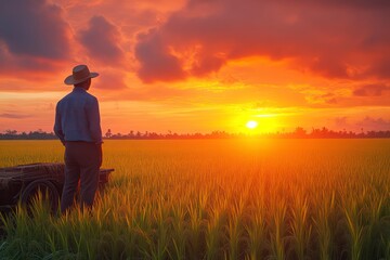 Fototapeta premium Farmer Watching Sunset Over Golden Rice Field Agriculture Scene Rural Life Harvest Season N