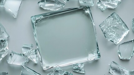 A clear block is surrounded by scattered broken fragments on a light gray surface