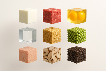 image shows several cubes representing different foods, each with a unique texture and color.