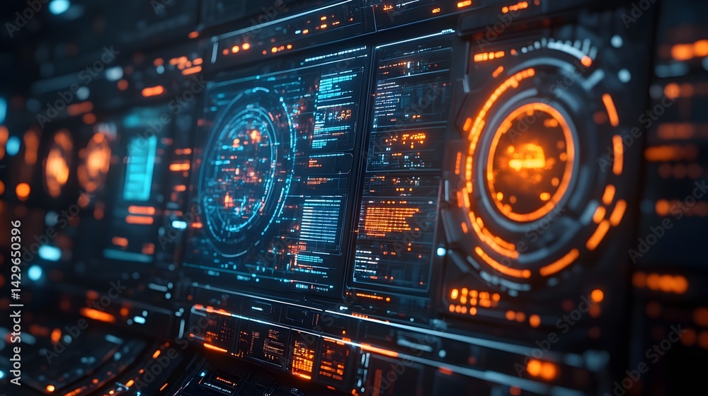 Poster close-up view of a futuristic digital interface with glowing screens and orange and blue hues. digit