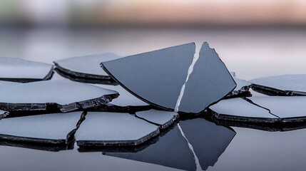 Shattered dark, glossy material. Fracture lines and fragments scattered. Reflections abound