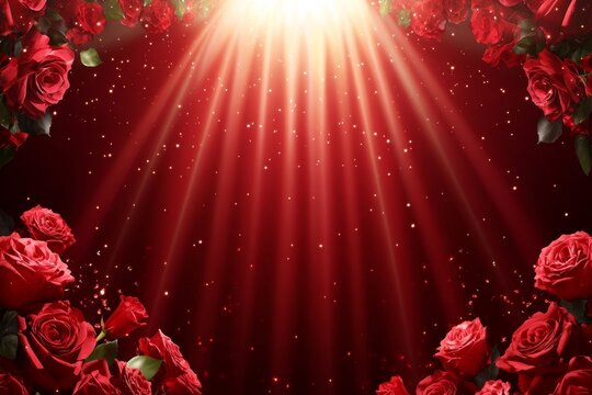 Radiant rose backdrop. A red backdrop adorned with many roses, illuminated by a spotlight effect. Golden glitter adds sparkle - Powered by Adobe