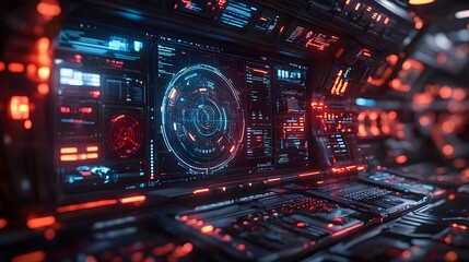 Fototapeta premium Close-up view of a spaceship's advanced control panel, glowing with red and blue neon lights. High-tech interface details are visible. Digital Futuristic Spaceship Control Panel