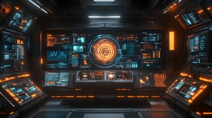Obraz premium A captivating image of a futuristic spaceship bridge, showcasing intricate technological details and an immersive sci-fi atmosphere. Digital Futuristic Tech Cybernetic Control Panel Display