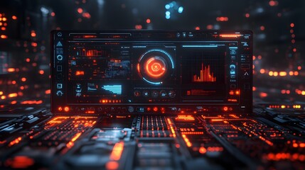 Obraz premium A futuristic digital dashboard on a glowing circuit board. Cyberpunk aesthetic Digital Futuristic Tech Cybernetic Control Panel Display