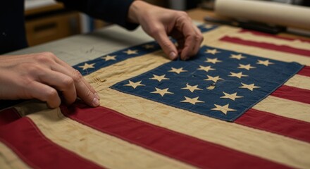 Obraz premium Hands examining an antique American flag (photo)