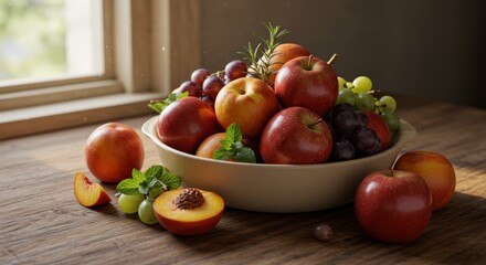 Fruit Bowl on Wooden Table (Photo)