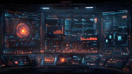 Obraz premium A futuristic control room with many screens displaying digital data streams. Cyberpunk style with neon lights. Digital Futuristic Tech Interface: Digital HUD Display