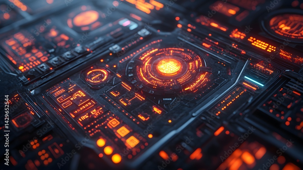 Poster close-up of a futuristic digital interface with glowing orange lights and intricate details. sci-fi 
