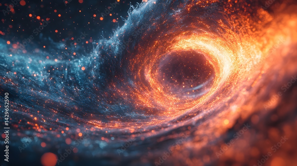 Poster a mesmerizing image of a fiery cosmic vortex, swirling with vibrant energy and light. digital fiery 