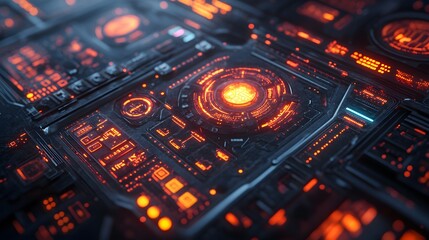 Fototapeta premium Close-up of a futuristic digital interface with glowing orange lights and intricate details. Sci-fi technology concept. Digital Futuristic Tech Interface: Digital HUD Display