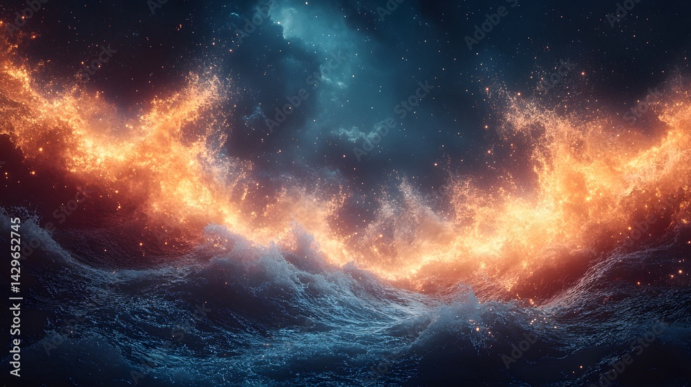 Poster ethereal flames dance across a cosmic ocean, creating a mesmerizing spectacle of fire and water unde