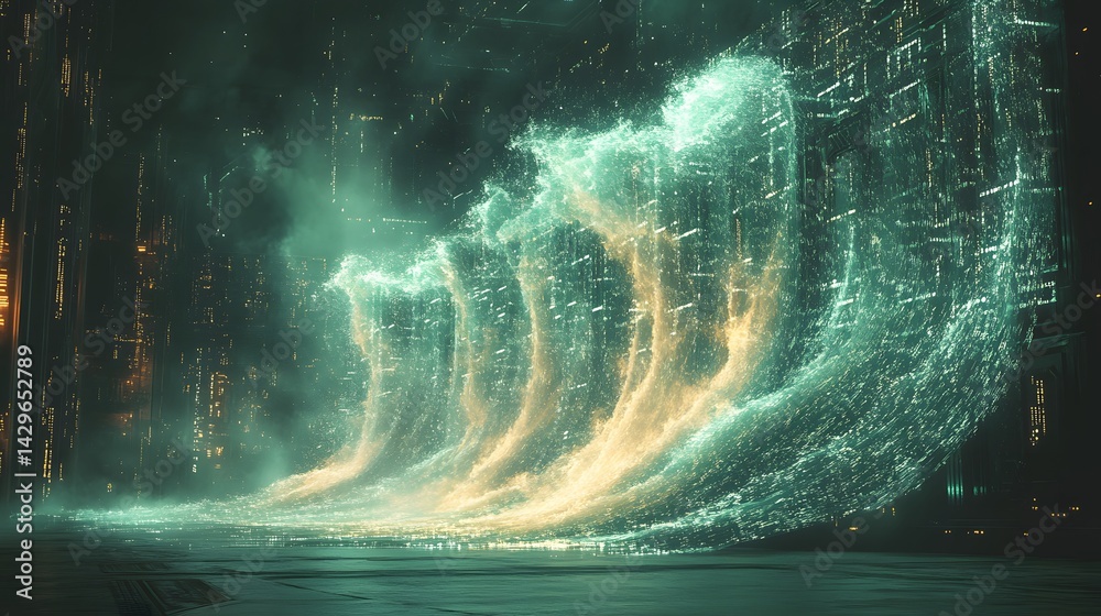Poster digital art depicting a futuristic city with luminous teal and gold waves. a surreal and captivating