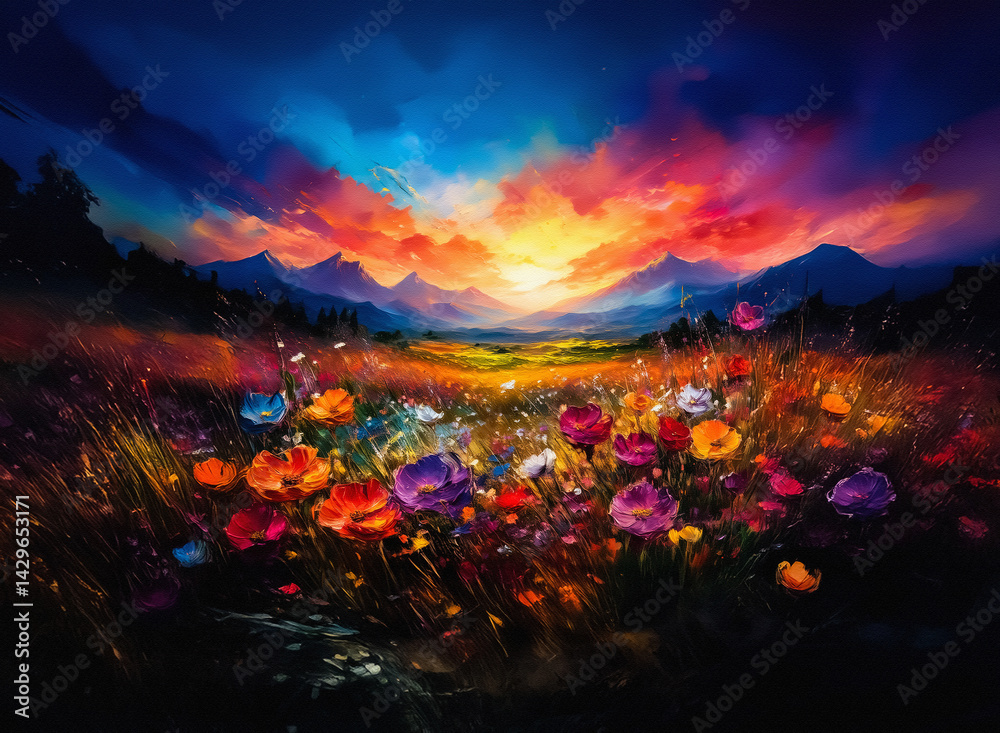 Aufkleber a vivid painting of a landscape. a field of colorful flowers basks in the warm glow of sunset, mount