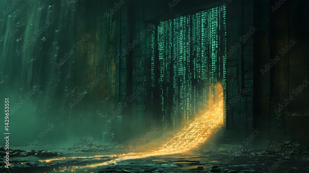 Leinwandbilder A digital gateway flows from a mysterious ancient structure, cascading like a waterfall into the unknown. A mystical and atmospheric scene. Digital Abstract waterfall gate depiction of a data leak