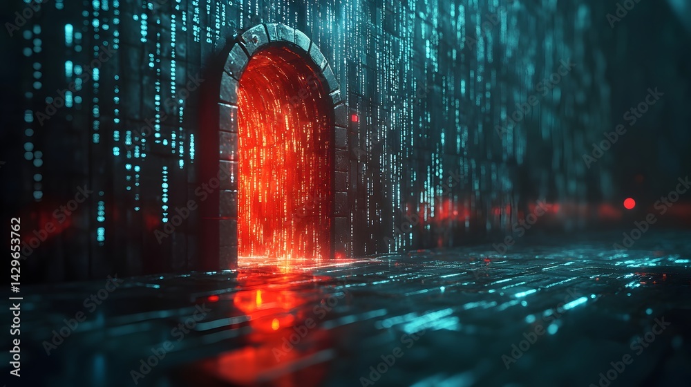 Leinwandbilder a digital archway glows in a cyberpunk matrix. red and blue light streams surround a mysterious entr