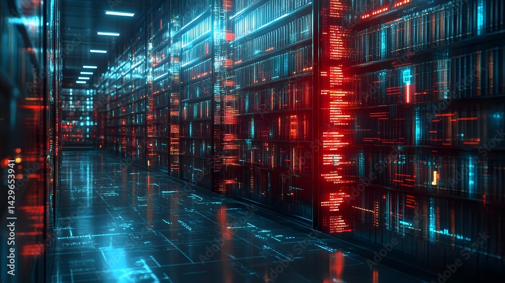 Leinwandbilder a futuristic data center with glowing digital code on shelves. digital digital library: a futuristic