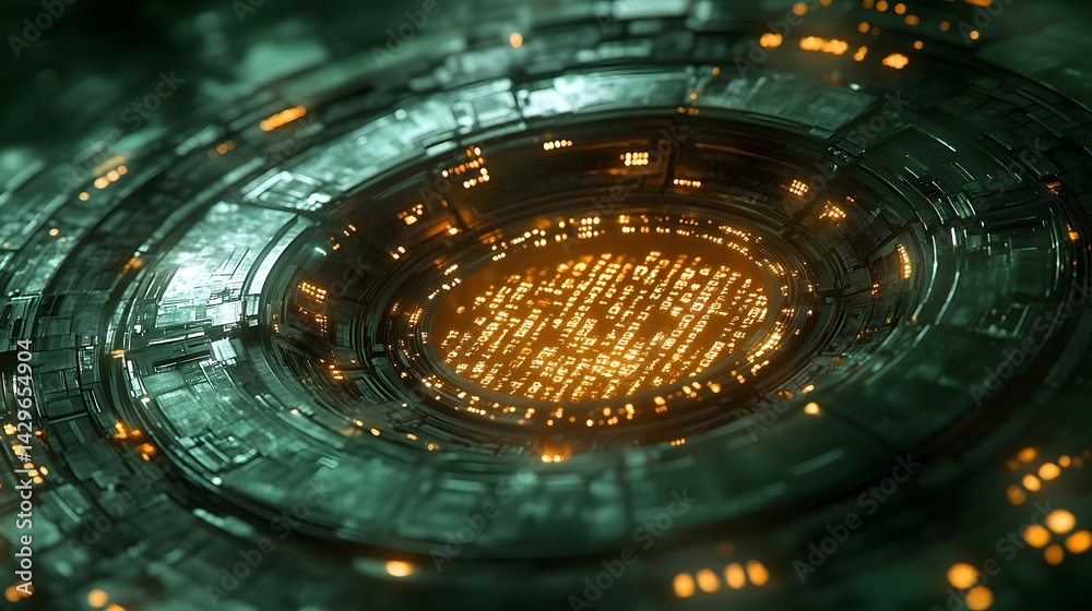 Poster abstract digital art depicting a futuristic technological core. glowing orange symbols are seen in t