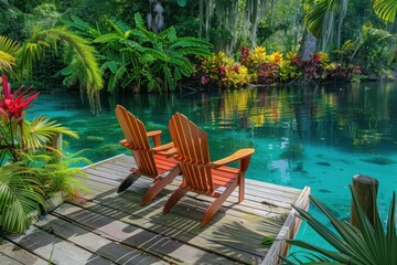 Obraz premium Sunlit Adirondack chairs rest on a dock, vivid tropical plants frame shimmering turquoise lake water.