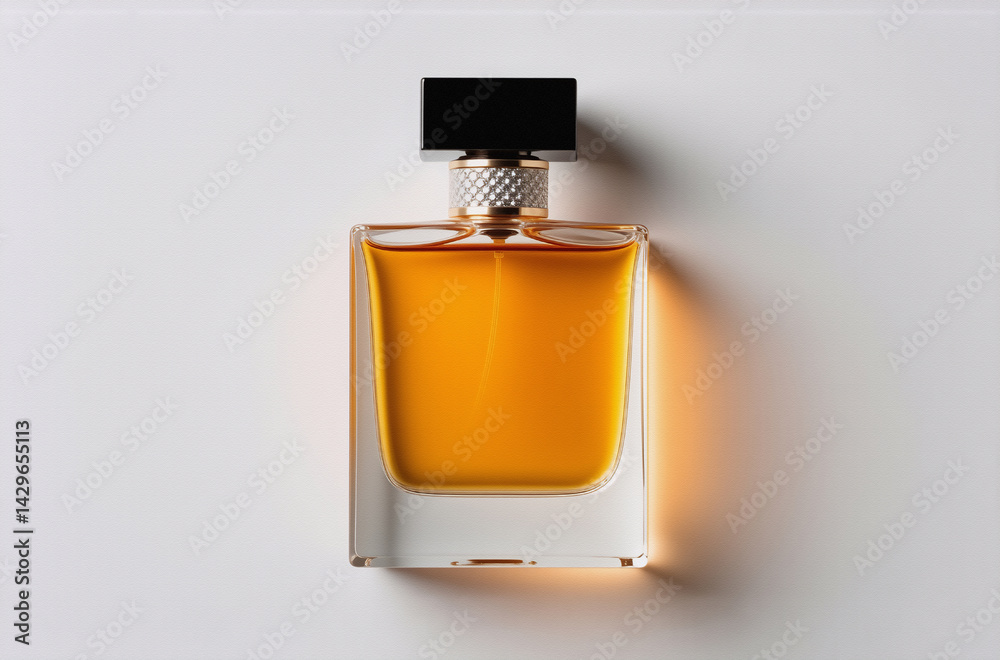 Poster a top-down view of a rectangular amber perfume bottle with a black cap, set against a bright white b