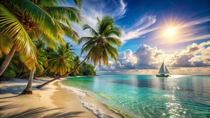 Serene Tropical Beach Scene with Sailboat at Sunset, Palm Trees, and Azure Waters