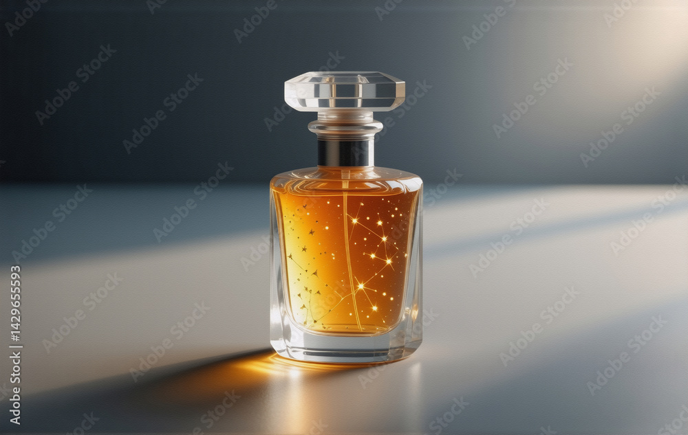 Poster elegant amber perfume bottle with a clear glass design, illuminated by sunlight, sits on a reflectiv