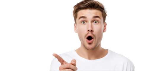 a surprised young man with an open mouth and pointing finger, isolated on a white background, png