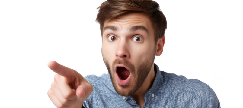 a surprised young man with an open mouth and pointing finger, isolated on a white background, png