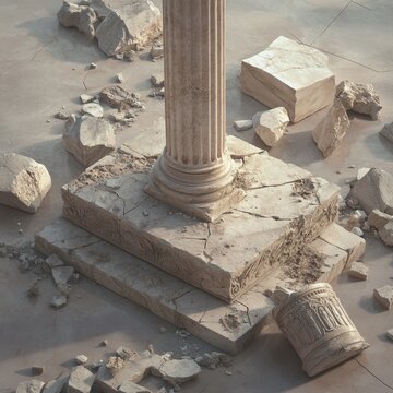 Ancient column base in ruins.  Broken stone fragments surround a weathered pillar base