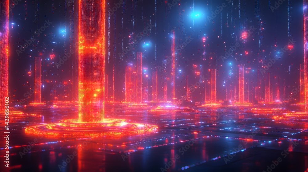 Aufkleber a futuristic cityscape with neon pillars and digital rain, creating a vibrant and dynamic scene. the