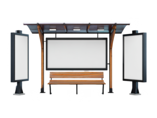 a modern bus stop with a bench and three billboards, isolated on a white background, png