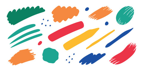 Brush line and stroke vector. Color, pencil, marker, crayon, paint texture, highlight. Pen, chalk, hand-underline, mark. Line, stroke, stripe, shape, scribble. Sketch color brush, crayon