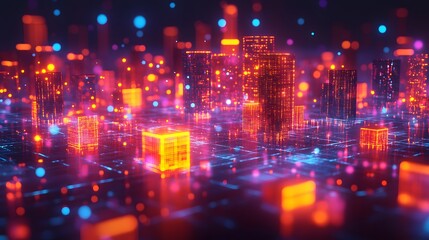 Obraz premium A vibrant digital city, glowing with neon lights and futuristic architecture. The image evokes feelings of progress and technology. Digital Networking Neon Cityscape: A Digital Metropolis at Night
