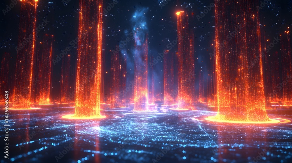 Poster a digital rendering of a futuristic landscape with glowing energy pillars. the scene is vibrant and 