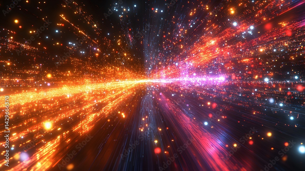 Poster A mesmerizing journey through a vibrant cosmic tunnel filled with sparkling stars and nebulae. Intense colors and dynamic motion create an awe-inspiring scene. Digital Abstract Cosmic Tunnel